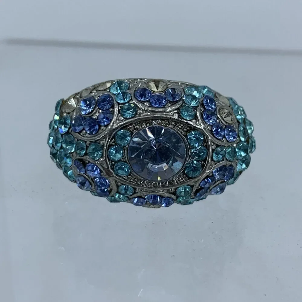 Vintage High Domed Cocktail Ring Blue Rhinestone Cluster MCM Costume‎ Jewelry